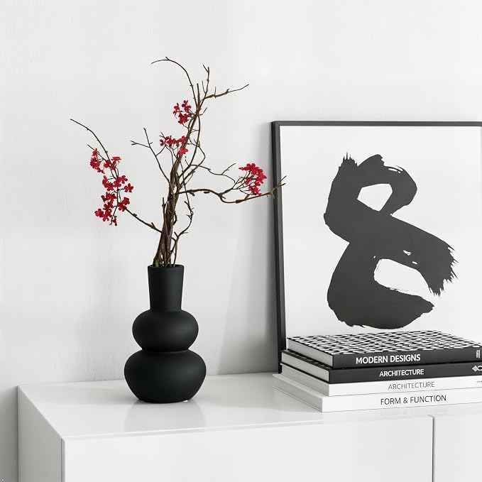 Modern Ceramic Vase, Matte Black Boho Vase, Minimalist Pampas Clay Vases for Wedding Dinner Living Room Office Bedroom, Table Centerpieces