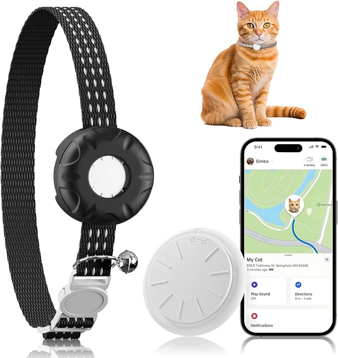 Cat Tracker, GPS Tracker for Cats, No Monthly Fee, Pet Tracker for Cats, Compatible with Apple Find My App (Only iOS), Real-Time Tracking, Smart Alerts, Up to 1-Year Battery, Waterproof