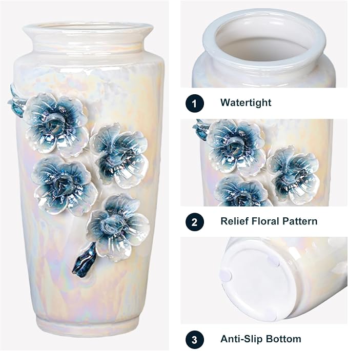 White Ceramic Vase 9 Inch - Modern Decorative Vase for Flowers, Centerpiece for Dining Table Living Room Entryway
