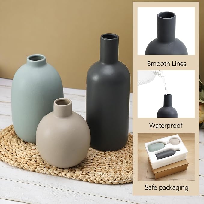 Large Ceramic Vase Set of 3, Neutral Vases Home Decor Waterproof | Farmhouse Vases for Pampas Grass & Dried Flowers and Table Living Room Home Decor