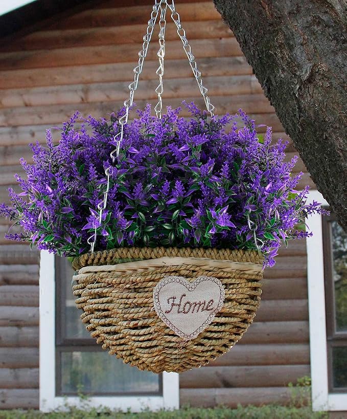RECUTMS Artificial Greenery Lavender Fake Shrubs Flowers 8 Pcs UV Resistant | Faux Purple Flowers Spring For Outdoor Hanging Planter Flora Fence Indoor Fall Decor Wedding Table Arrangement Bouquet Filler
