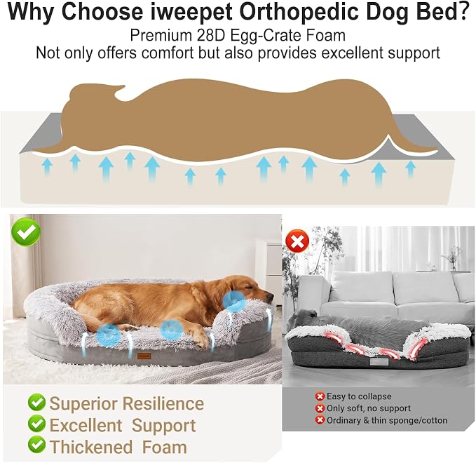 3.7 inch Thickened Orthopedic Dog Beds for Medium Dogs, Supportive Dog Sofa Bed with 28D Egg-Crate Foam, Removable Washable Plush Cover, Waterproof Lining, Half-Round Design for Puppy,Senior Dog