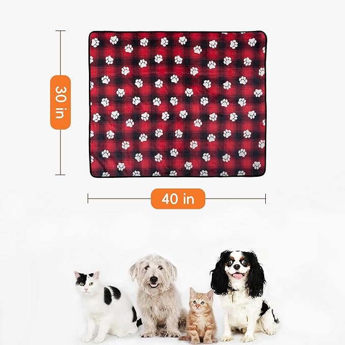 Waterproof Pet Blanket for Small Dogs and Cats 30"x40" | Washable Christmas Dog Blanket, Soft Fluffy Sofa Car Bed Protector, Reversible Sherpa Fleece Puppy Blanket, Paw Red