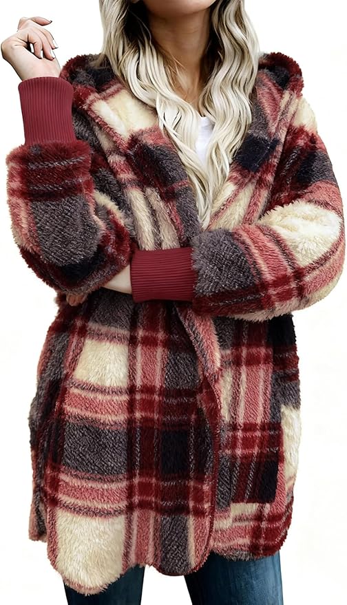 Zilcremo Women Hooded Cardigan Fuzzy Jacket Winter Open Front Fleece Coat Outwear with Pockets