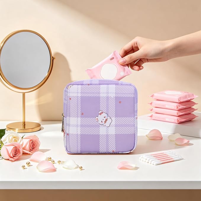 Canvas Period Pouch Discreet Sanitary Napkin Storage Bag Pad Bags | Menstrual Cup & Pad Holder, First Period Kit Storage, Feminine Bag for Women, Portable, Bear Print