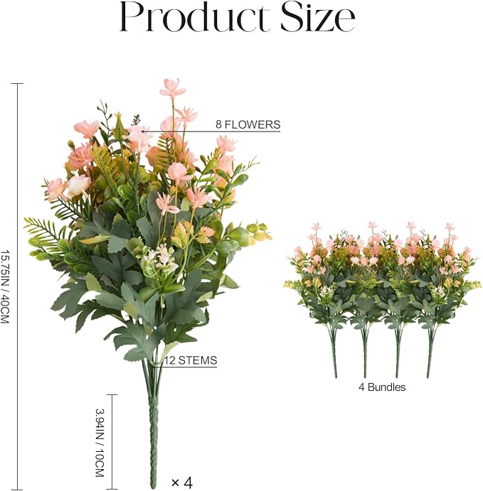 RM ROOMERS Artificial Flowers Plants for Outdoors, Fake Flowers Pink Rose | Pink Mini Rose UV Resistant Faux Flower for Garden Porch Windowbox Front Door Yard, No Fade Home Vase Decor (4 Bundles)