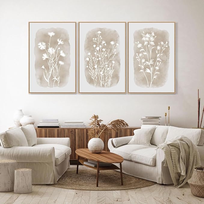 SAFERRYHOME Neutral Wildflower Beige Botanical Wall Art, 3 Panels,16x24 Inch