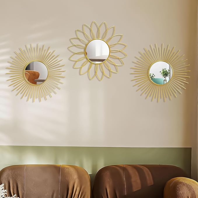 3 Pack Metal Mirrors for Wall Sunburst Wall Mirrors Home Décor Decorative Hanging Wall Art for Living Room Bedroom Entryway (Gold2, Flower+Sunburst)