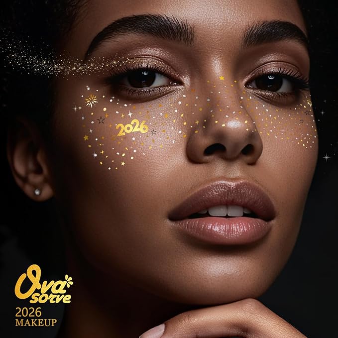 2026 New Year Freckles Face Tattoo - Glittering 2026 Stars in Gold & Silver | Waterproof Face Gems for Women NYE Makeup, New Years Eve Party Supplies 2026 & Festival Celebration