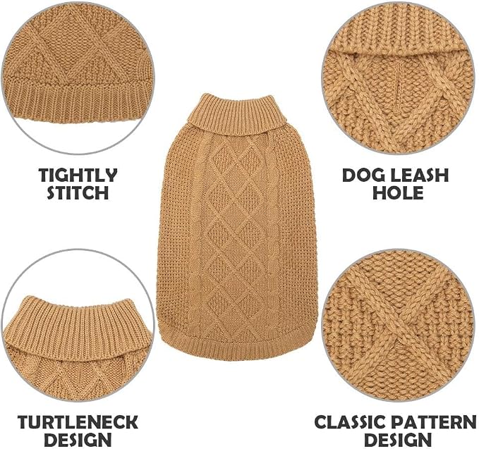 Mihachi Turtleneck Dog Sweater - Winter Coat Apparel Classic Cable Knit Clothes with Leash Hole for Cold Weather, Ideal Gift for Pet in New Year Khaki