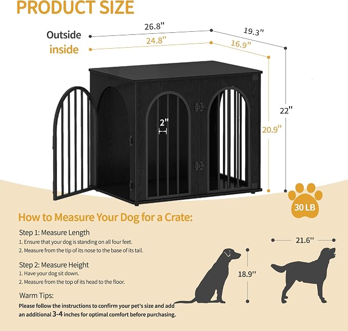 Hzuaneri 26.8'' Dog Crate Furniture,Dog Kennel Indoor for Small Dogs | Dog Kennel Furniture Wooden Dog Cage Heavy Duty Dog Crate Decorative Pet House End Side Table TV Stand,Black DFC85504B