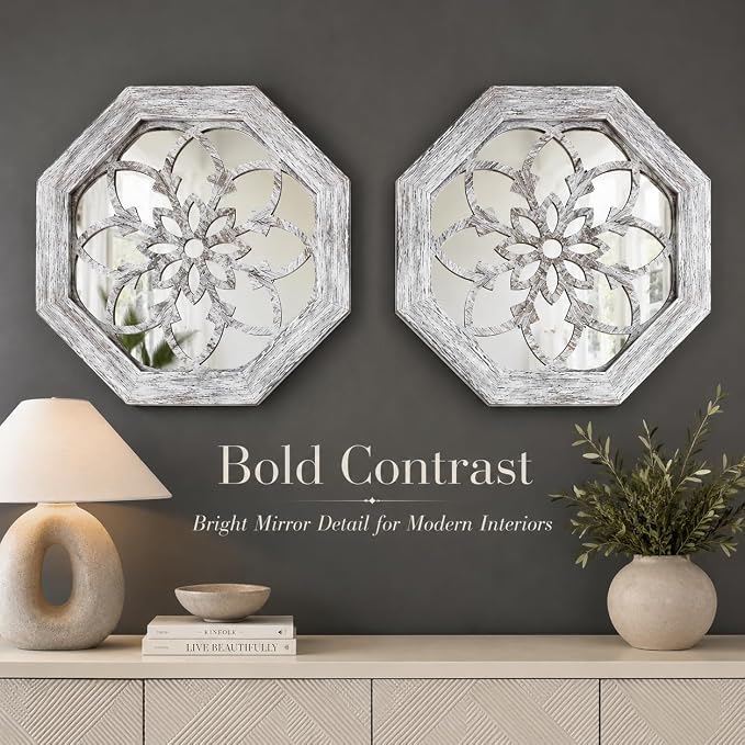 2 Pack 12 Inch Octagon Grey Rustic Wood Frame Acrylic Wall Mirrors, Farmhouse Boho Wall Art Decor for Living Room, Bedroom, Hallway, Entryway, Bathroom & Office