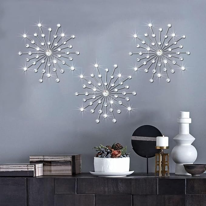 ZEXUIRU 3 Set Silver Starburst Wall Art for Home Decor Metal Bling Crystal Rhinestones Sunburst Wall Decor Sparkling Rhinestone Art Accent Silver - 18in