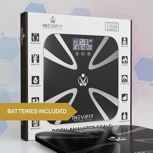 INEVIFIT Body Fat Scale, Highly Accurate Digital Bathroom Body Composition Analyzer, Measures Weight, Body Fat, Water, Muscle, BMI, Visceral Levels & Bone Mass for 10 Users. Includes Batteries