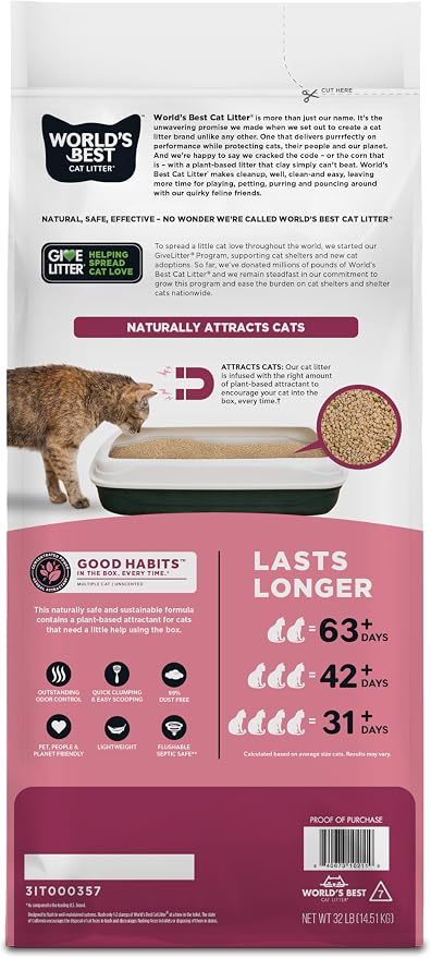 World's Best Cat Litter, Good Habits Cat Attract Litter, Unscented, 32 lb | Attracts cats and kittens with plant-based attractant; natural corn litter, quick clumping, flushable, 99% dust free formula