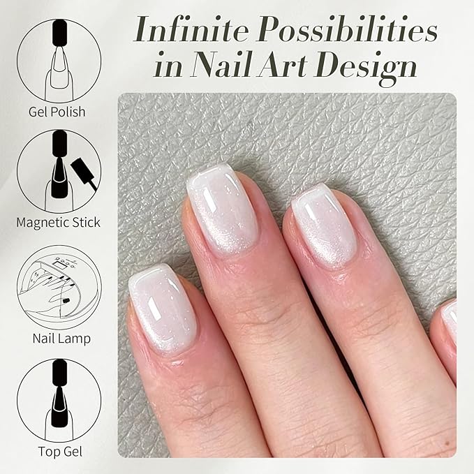 BORN PRETTY Cat Magnetic Eye Gel Nail Polish, Milky White Cat Glitter Cat Magnetic Gel Nail Polish, Holographic Magnetic Nail Polish for Nail Art Manicure Salon DIY at Home 15ML
