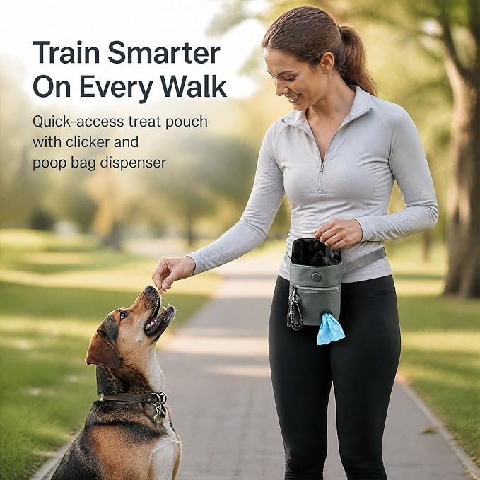 Dog Treat Pouch and Dog Training Clicker, Waterproof Dog Training Treat Bag with Magnetic Closure, Poop Bag Dispenser, Adjustable Waist Belt and Shoulder Strap