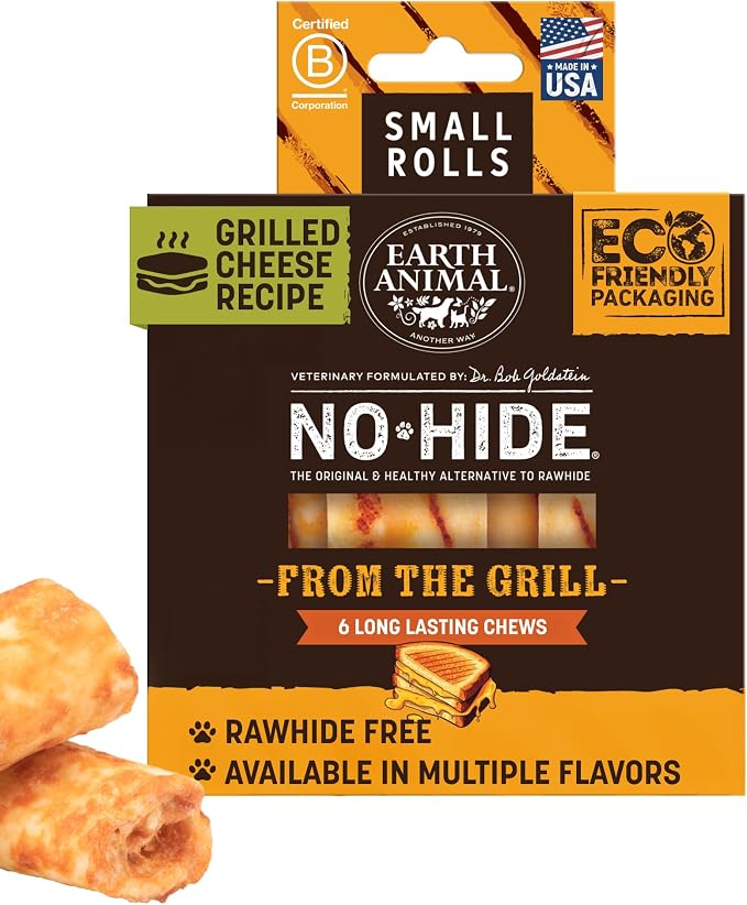 Earth Animal No Hide Dog Chews - Small Rolls 6 Count Grilled Cheese | Small Rolls Grilled Cheese Flavored Natural Rawhide Free Long Lasting Dog Chews - Pet Treats for Small Dogs