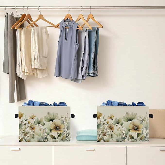 Rustic Floral Storage Box Bins, Sage Green Beige Cottagecore Wildflower Collapsible Storage Basket Organizer for Bedroom Nursery Laundry Room Home Clothes Books, Decor for Room
