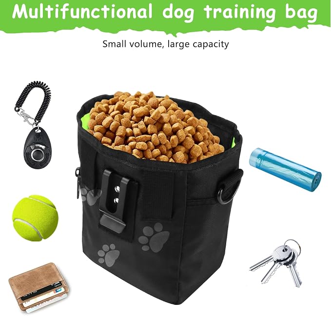 kissleaf Dog Treat Pouch, Magnetic Closure, Dog Clicker- Black Pattern