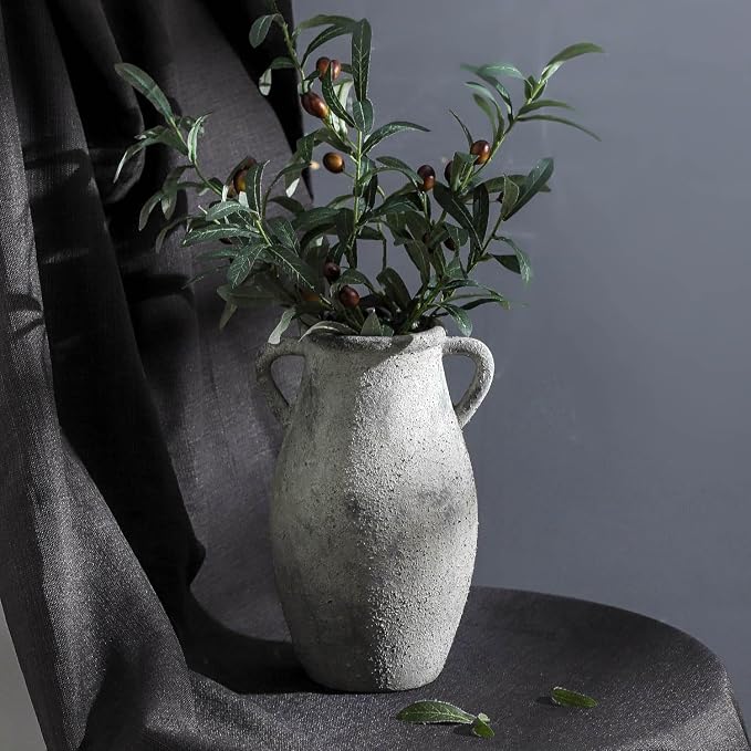 Ceramic Rustic Vase with Handle, 11.3 Inch Tall Farmhouse Vase | Vintage Terracotta Vase with 2 Handles Adds Rustic Charm to Living Room, Entryway, Table Centerpieces and Home Decor