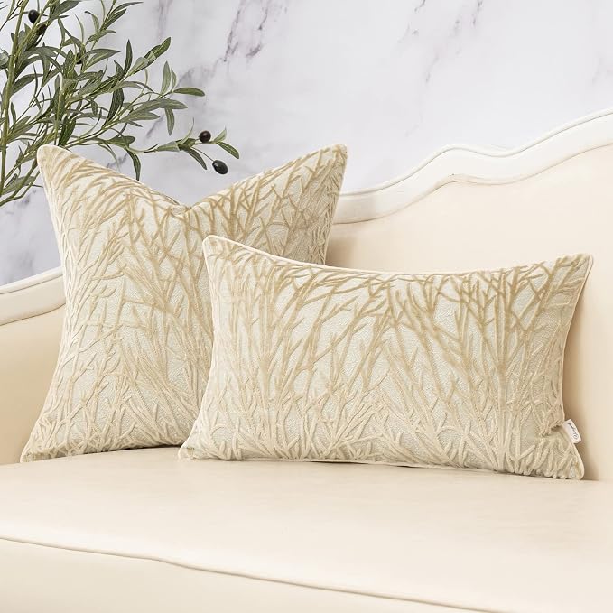 Beige Twigs Throw Pillow Cover Branches Velvet Cushion Case Neutral Pillowcase for Sofa Couch Bedroom Living Room Home Decor,18x18 Inch