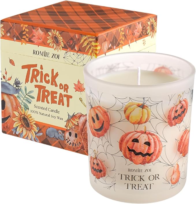 ROMIIE ZOI Scented Fall Candle - Halloween Trick or Treat - 6oz Soy Wax Candle for Autumn, Gift for Her/Him
