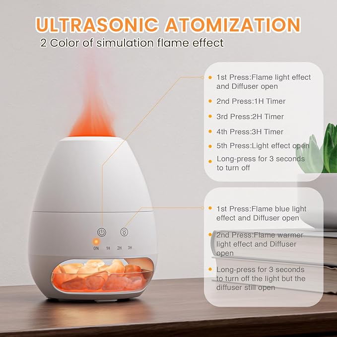 Ultrasonic Essential Oil Diffuser with Himalayan Salt Rock,Flame Diffuser with 2 Color Light,Aromatherapy Oil Diffuser with Auto Off Function for Home, Office,Spa,100ML