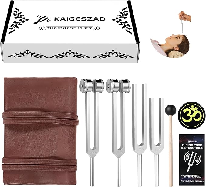 Tuning Forks for Healing(128Hz, 136.1Hz, 256Hz, 384Hz),Weighted & Unweighted Tuning Forks Set with Vegan Leather Pouch &Activator, For Chakra/Sound Therapy/Yoga/Meditation