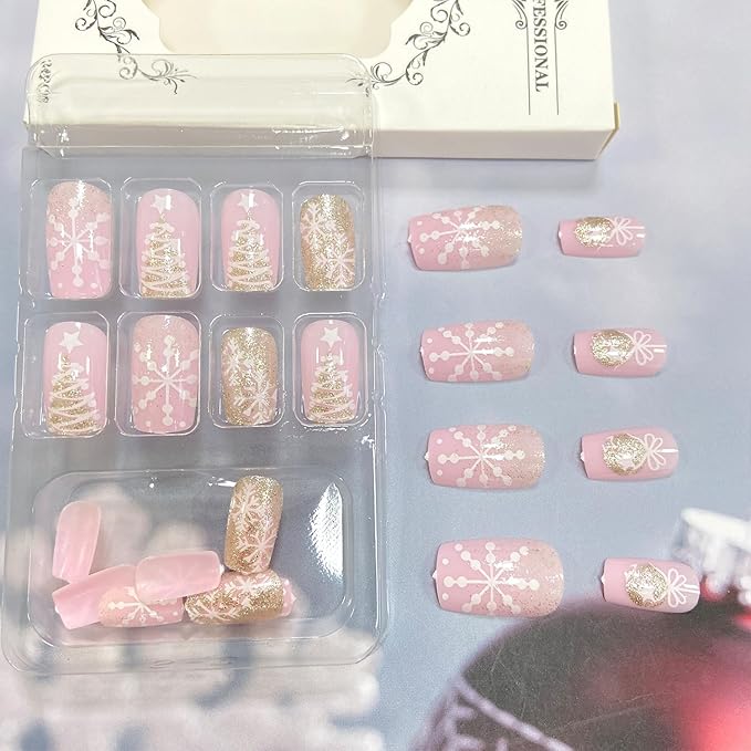 Medium Christmas Press on Nails Gold Glitter White Christmas Tree Snowflake False Nails Glossy Winter Xmas Glue on Nails Square Full Cover Acrylic Fake Nails for Women Girls