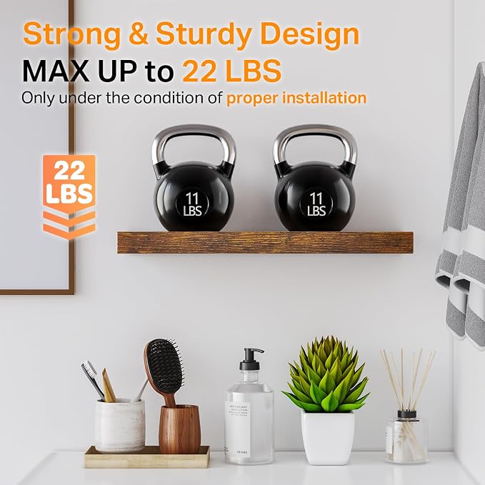BAYKA Rustic Brown Bathroom Floating Shelves, 15.7in, 3Pk, Wall Mount Shelf | 22lbs Max Load, Hidden Bracket, for Living Room Bedroom Kitchen Display Storage Decor, Easy Install, Multi-Wall Compatible