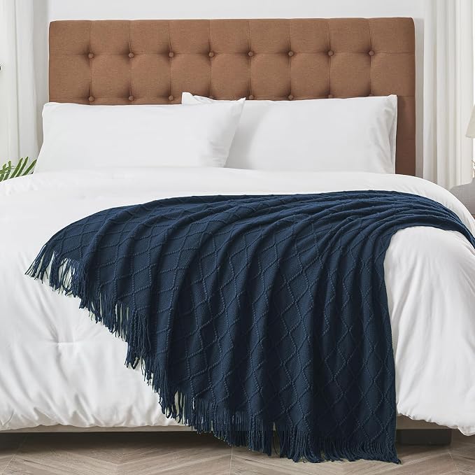 inhand Dark Blue Knitted Throw Blanket for Couch and Bed, 50"x60" | Soft Cozy Knit Blanket with Tassel, Lightweight Decorative Blankets and Throws, Farmhouse Warm Woven for Men and Women
