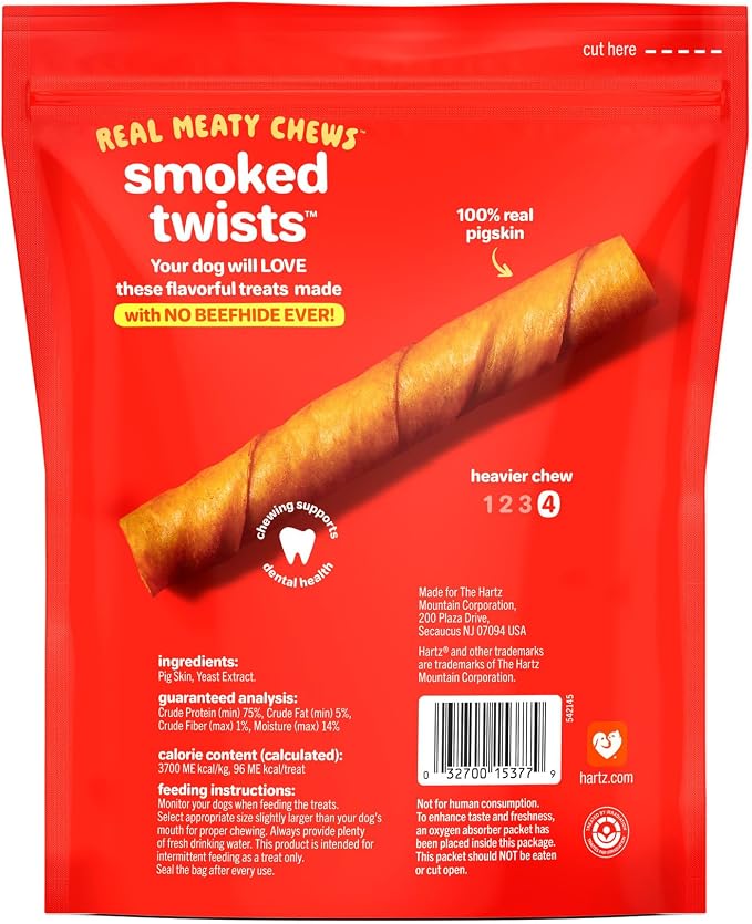 Hartz Oinkies Natural Smoked Pig Skin Twist Dog Treat Chews - 20 Pack