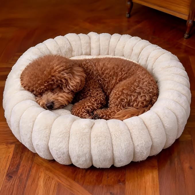 Donut Dog and Cat Bed, Luxurious Comfortable Faux Rabbit Fur Pet Beds, Round Anti-Anxiety Calming Puppy Kitten Bed with Anti-Slip Bottom for Small Medium Dogs & Cats(20", White)