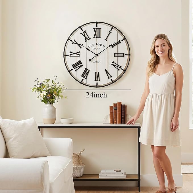 EMAX HOMELarge 24 Inch Farmhouse Style Wall Clock, Distressed Wood Look, Non-Ticking Quartz Movement, Classic Black Roman Numerals and Metal Frame, for Living Room Wall, Bedroom