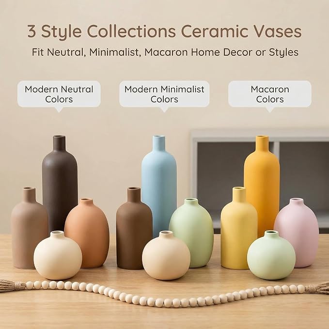 Neutral Ceramic Vase Set of 4, Modern Colors Home Decor, Rustic Farmhouse Decorative Flowers Vases for Bouquet, Pampas | Table Mantel Centerpiece Bookshelf Living Room Bedroom (Neutral Mix Set of 4)