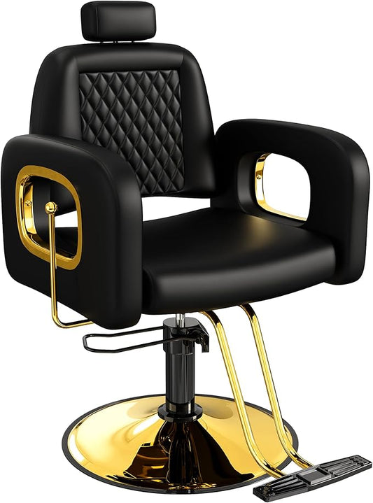 Baasha Black and Gold Reclining Salon Chair with Adjustable Headrest, Soft PU Leather, Hydraulic Styling Chair with Heavy-Duty Steel Frame, 440 lbs Capacity, Ideal for Hair Braiding, Tattoo