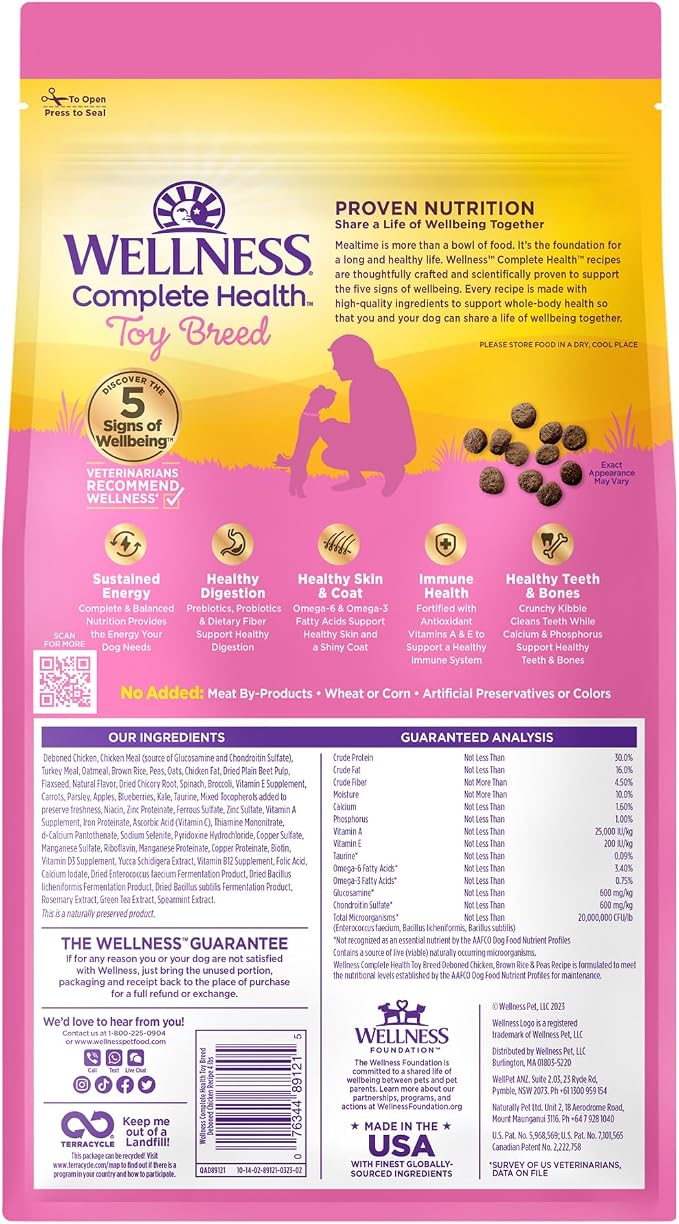 Wellness Complete Health Toy Breed Adult Dry Dog Food, Wholesome Grain Kibble, Natural, Chicken, Brown Rice, and Peas Recipe, 4 lb Bag