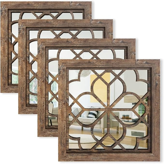 Set of 4 14 Inch Square Redbrown Window Pane Wall Mirrors, Shatterproof Rustic Farmhouse Boho Vintage Decorative Mirrors for Living Room Bedroom Bathroom Entryway
