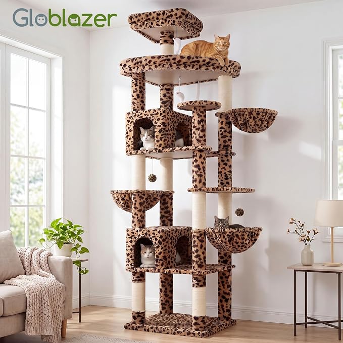 Globlazer Extra Large Leopard Cat Tree 82in Tall Heavy Duty Cat Tree for Indoor Cats Large Adult Big Cat Tower with 8 Scratching Posts, 2 Condos, 2 Padded Perches, 3 Baskets, S82, Leopard Print