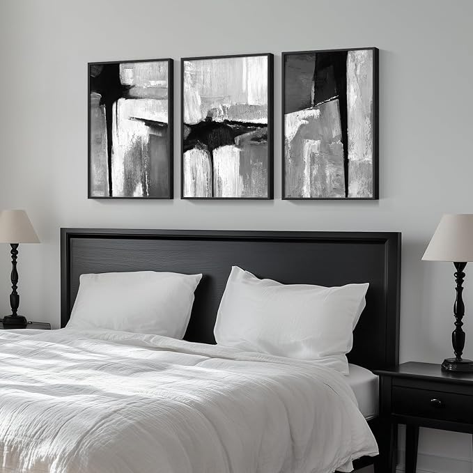 Framed Black and White Gray Modern Abstract Wall Art, Set of 3 Piece Big Canvas Paintings Artwork for Walls, Minimalist Art Prints Pictures for Living Room Hallway Bedroom Office Wall Decor 16x24 Inch