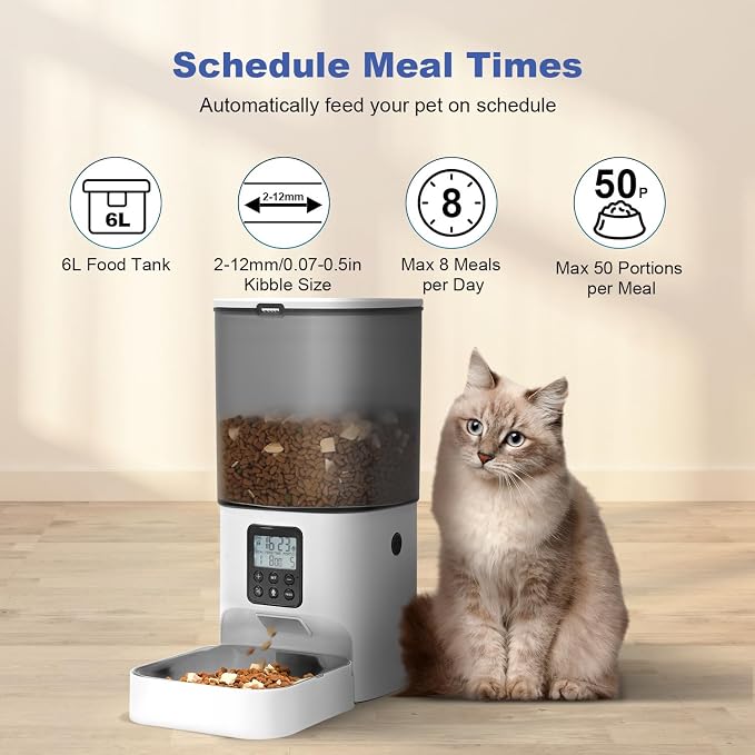 Automatic Cat Feeder, 6L Cat Food Dispenser with 10s Voice Recorder, Pet Feeder up to 8 Meals per Day, Timed Feeder with Dry Food Sealed Ring (Jade White)