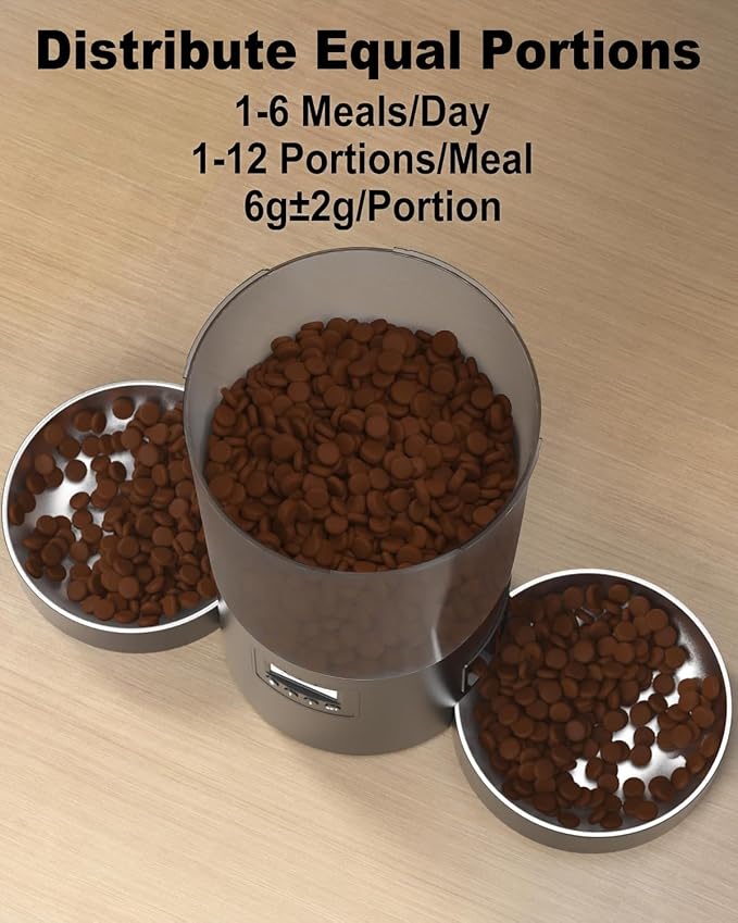 Dual Automatic Cat Feeder 2 Cats, 4.2L Dry Food Auto Dispenser with Double Stainless Steel Bowls,Dual Power Supply,Programmable Portion Control,10s Voice Recorder (Transparent Black)