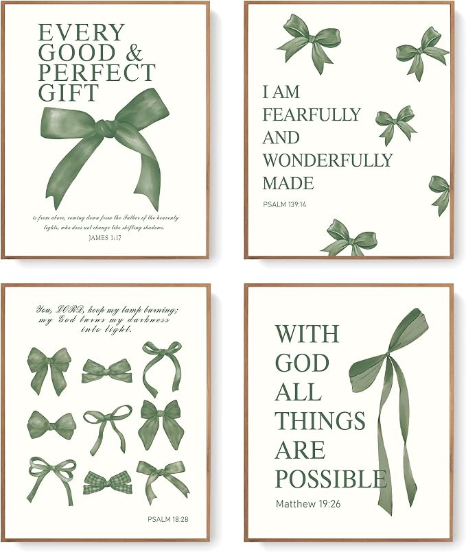LARTSFRO Coquette Green Bow Wall Art Decor Posters, Olive Green Bow Christian Room Bedroom Bathroom Dorm Wall Art Decor Aesthetic for College Teen Girls Gifts, Inspirational Bible Verses Bow Wall Decor, 10x8 Inch Set of 4 Pcs Bow Pictures (UNFRAMED)