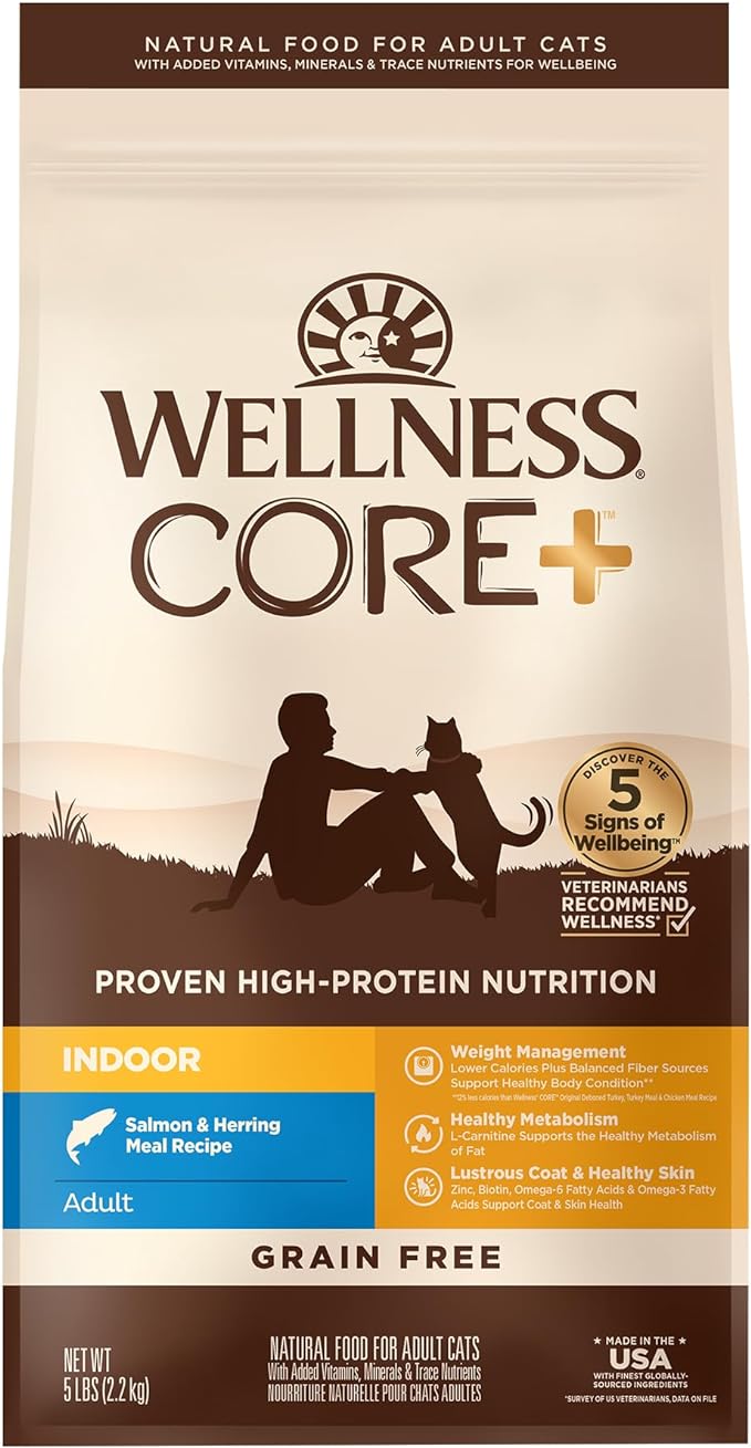 Wellness CORE+ Adult Dry Cat Food for Infoor Cats, Natural, Grain Free Kibble, Salmon and Herring Meal Recipe, 5 lb Bag