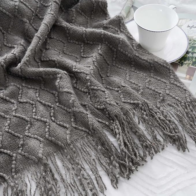 BATTILO HOME Dark Grey Throw Blanket for Couch, Textured Solid Soft Sofa Throw, Knitted Decorative Grey Blanket, 50"x60"