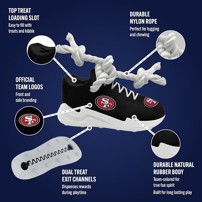 Pets First NFL San Francisco 49ers Cleat Sneaker Spike Dog Toy, Football Treat Dispenser Chew Toy for Dogs, Interactive Rope Tug Toy, Slow Feeder Natural Rubber Dog Toy with Official Team Logo