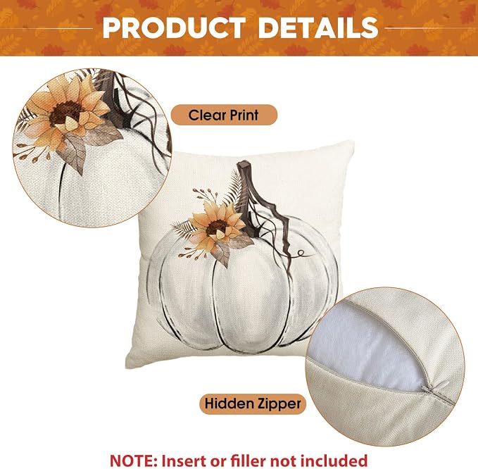 AVOIN colorlife Fall White Pumpkin Vase 18x18 Inch Pillow Covers Set of 4 | Home Sweet Home Autumn Thankful Grateful Blessed Harvest Floral Seasonal Harvest Decoration Sofa Couch Farmhouse Decor