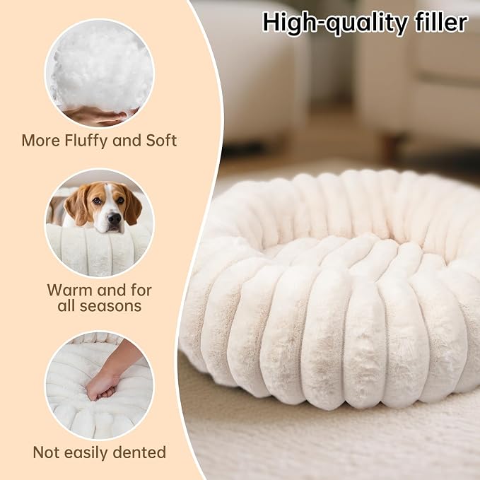 Donut Dog Beds Large Sized Dog Washable Plush Pet Bed,36in White | Cozy Calming Round Cuddler, Fluffy Faux Rabbit Fur, Non-Slip Bottom, Anti-Anxiety, Circle Bed for Large Pets Up to 90 Lbs