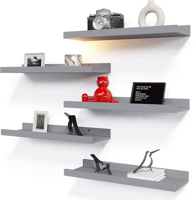 RICHER HOUSE 5-Set Floating Shelves with Lip, Grey Wall Mounted Wood Shelf | Display Picture Ledge Shelf, Anti-drop lip Shelf for Room Wall Decor, Bedroom Bathroom Storage Nursery Books, Easy Setup 16in